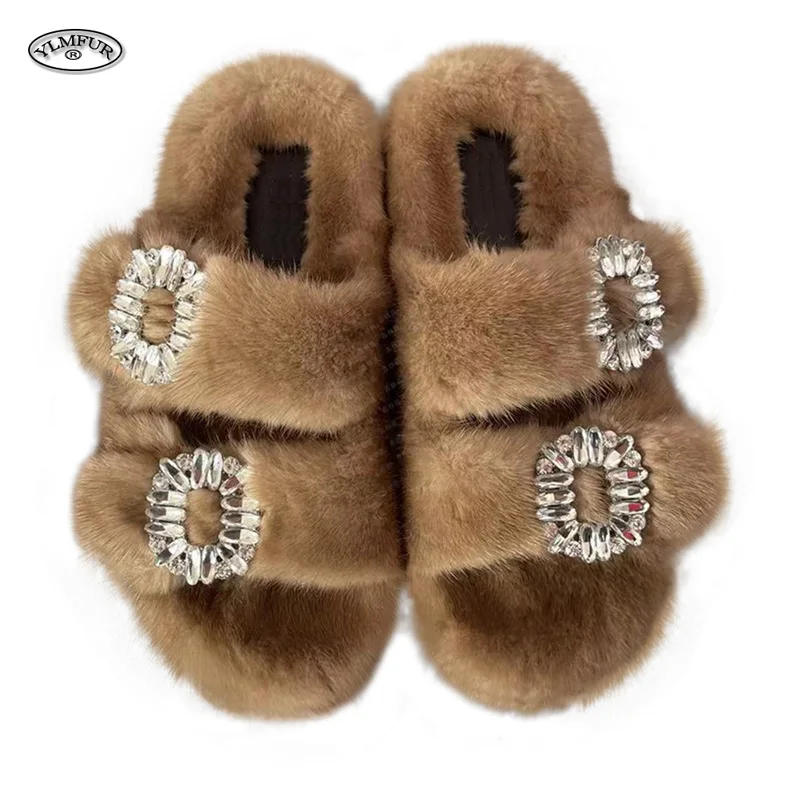 2025 New Women Fur Slippers Shoes Women Warm Winter Crystal Fur Shoes For Slippers Casual Plush Comfortable Mink