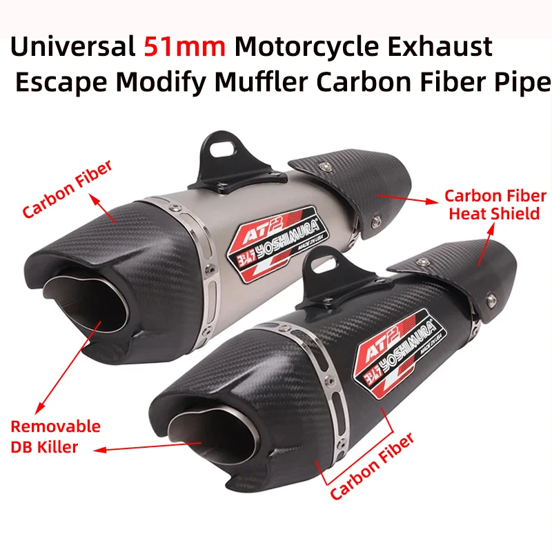 

Universal 51mm Yoshimura AT2 Motorcycle Exhaust Escape Modify Carbon Fiber Pipe Muffler Removable DB Killer With Heat Shield
