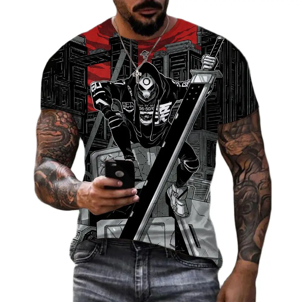 

Summer Fashion Trend Elements Samurai Series 3D Printing Sports Loose Fit Short Sleeve Round Neck Breathable Lightweight Top