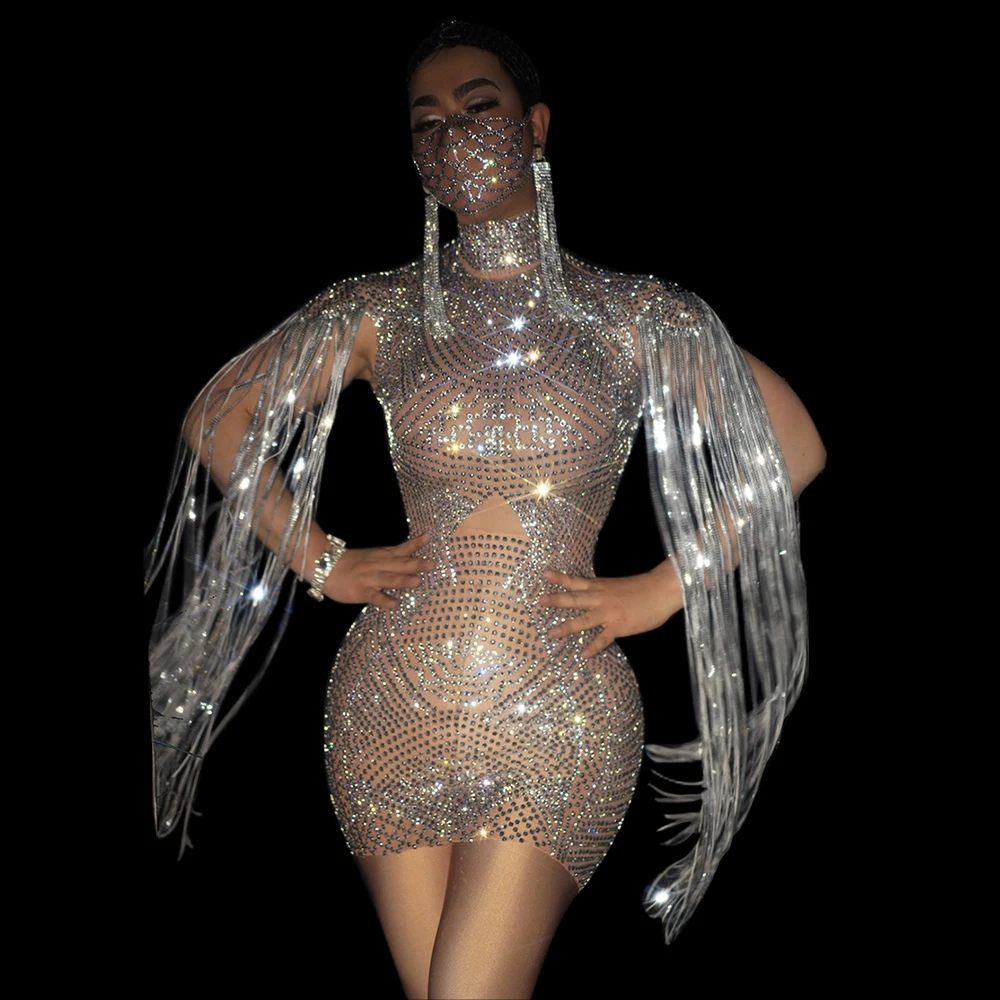 

Women Nightclub Stage Costumes Birthday Celebrate Outfit Silver Sequin Fringe Transparent Dresses Women Rhinestone Dance Dress