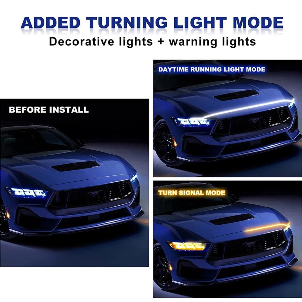 OKEEN 4 In 1 Car Hood Light Strip Dynamic Start Scan With Turn Signal Light Cuttable Auto Ambient Daytime Running Light  DRL 12V