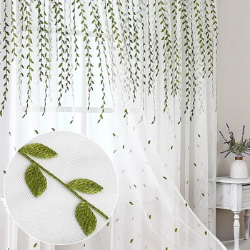 Tenda trasparente con ricamo a foglia verde 1 pezzo, tulle sottile trasparente puro stile pastorale per soggiorno, tasca per asta, decorazioni per la casa 1