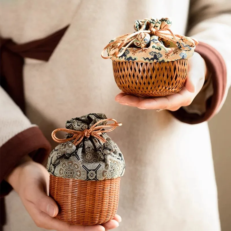 Chinese Style Handwoven Bamboo Tea Set Storage Bag - Portable Travel Case for Gaiwan/Cups, Drawstring Tea Accessories Pouch