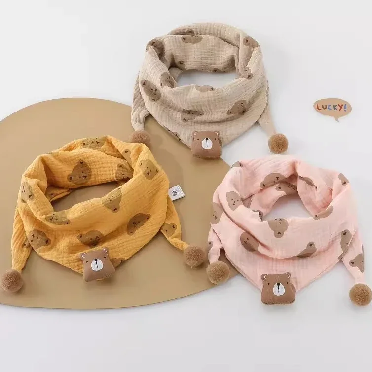 Kids Scarf Solid Color Scarf Winter Children's Triangle Double Layer Bear Scarf Baby Cotton Lining Autumn Collar For Boys Neckerchief