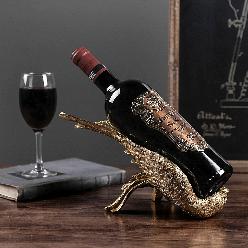 

European Retro Resin Golden Feather Wine Rack Ornaments Craft Home Livingroom Wine Holder Figurines Decoration Hotel Accessories