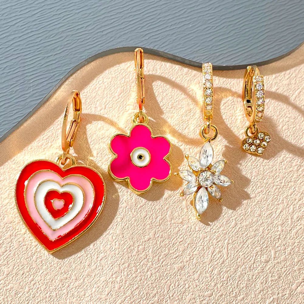 Green Enamel Dropping Oil Flower Heart Drop Earrings Set For Women Shiny  Crystal Love Pearl Earring Dangle Huggie Trendy Jewelry - AliExpress
