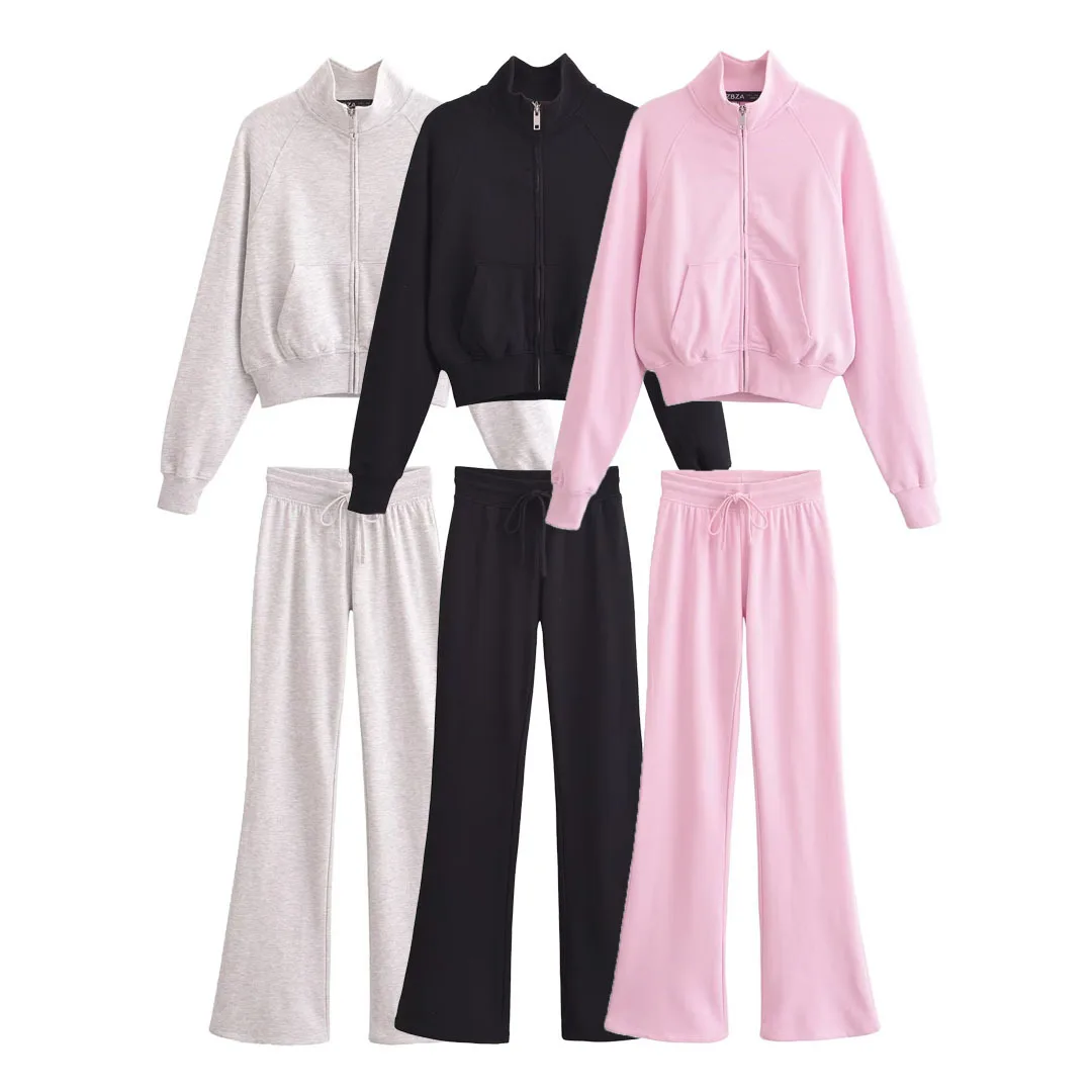 Meet The Autumn Ribbed Zipper Neck Sweatshirt and Elastic Waist Pocketed Loose Pants Set