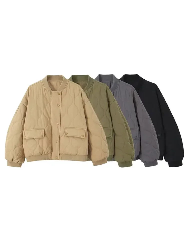 Quilted Single Breasted Grey Women's Cotton Jacket Casual Pocket Stand Collar Long Sleeved Coats Fall Winter Commuting Outerwear 6