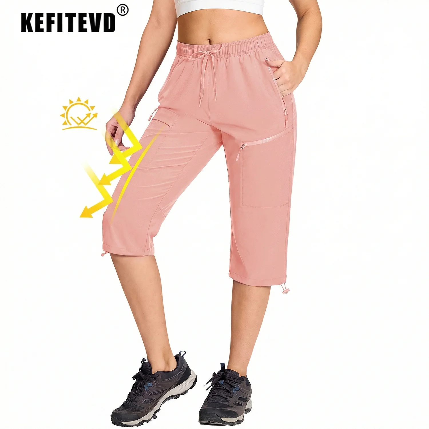 KEFITEVD 여성용 하이킹 카프리 팬츠 UPF 50+ 경량 속건 캐주얼 골프..