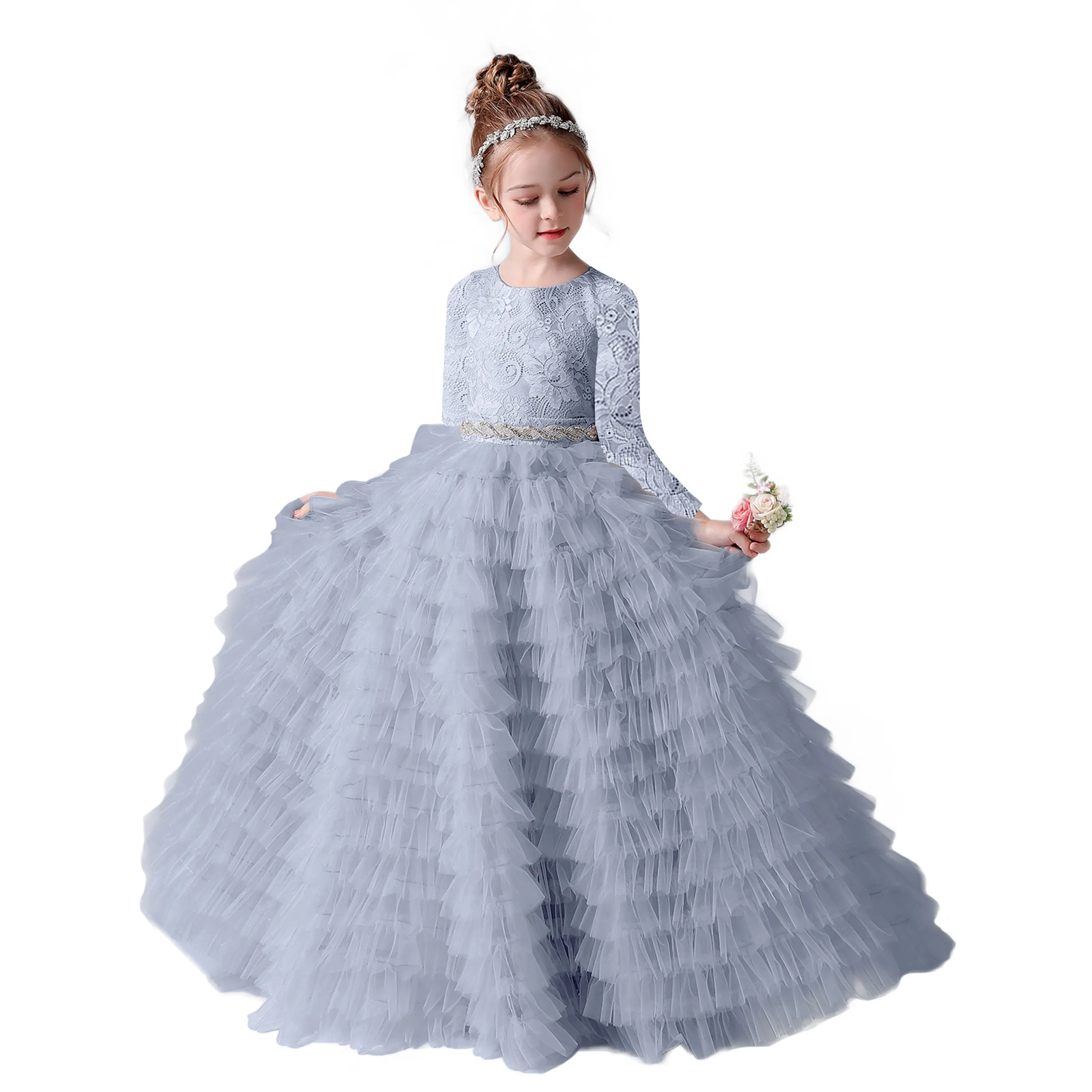 Dideyttawl Long Sleeves Tulle Princess Dress For Girls 2024 Girl Gown For Banquet Formal Party Junior Concert Winter New Year