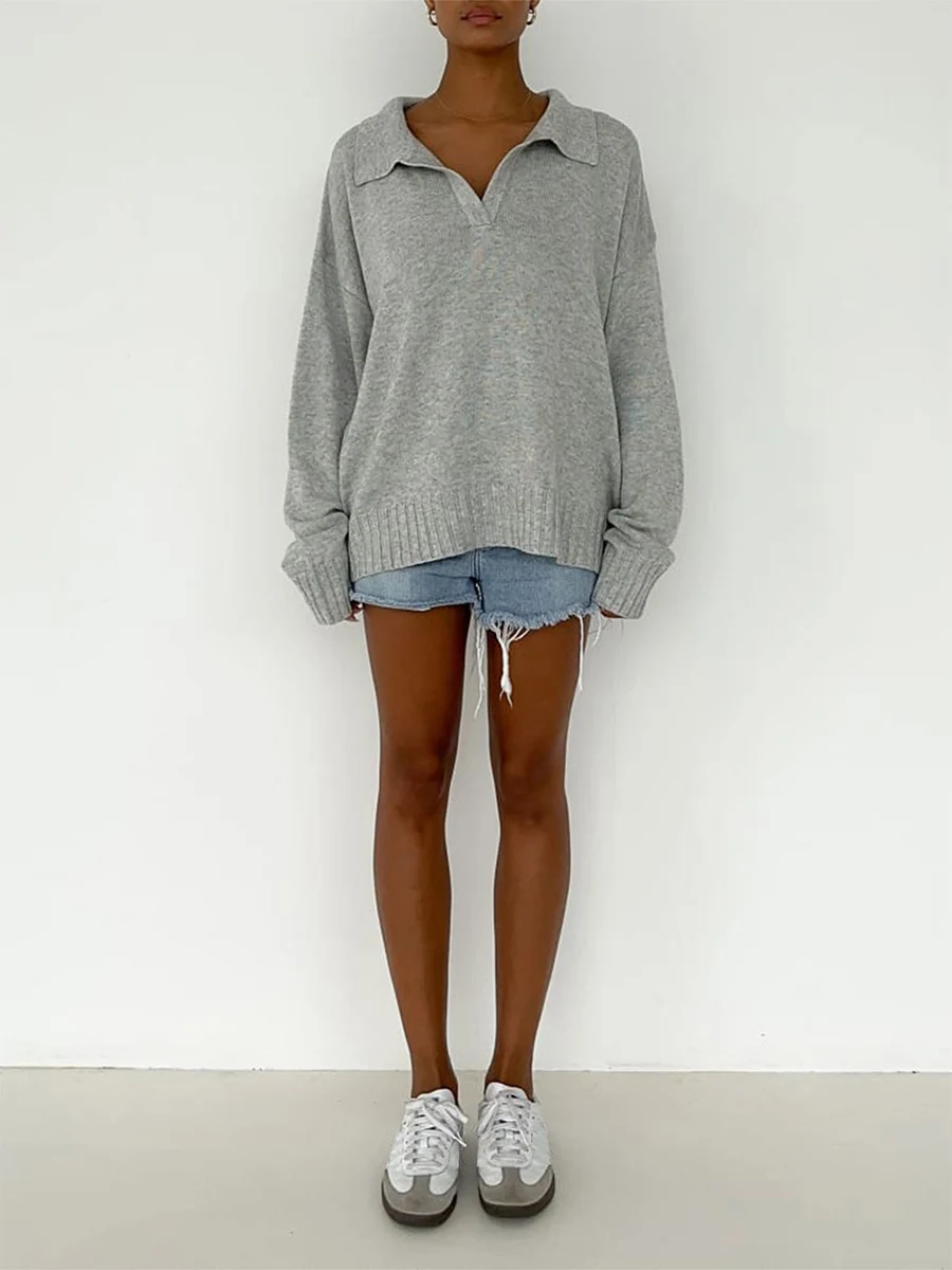 

Women s 2023 Fall Casual Striped Oversized Sweaters Lapel V Neck Long Sleeve Chunky Knit Pullover Sweater Jumper Top