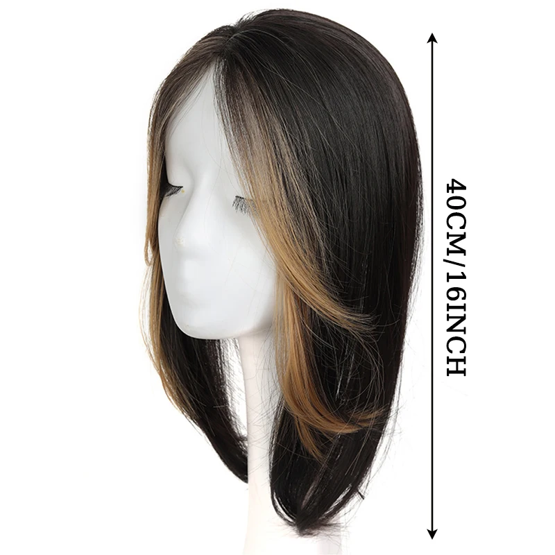 16inch Synthetic Women Wig Hairpiece Straight Blonde Highlighted Hair Topper with Hair Clips for Women Daily Party Use