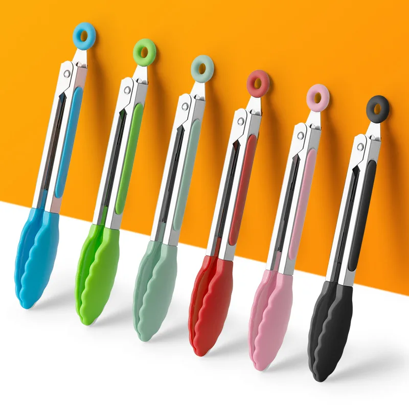 7 Inch Kitchen Tong Silicone Non-slip Cooking Clip Clamp BBQ Salad Tool Grill Kitchen Accessories Mini Food Tong Stainless Steel