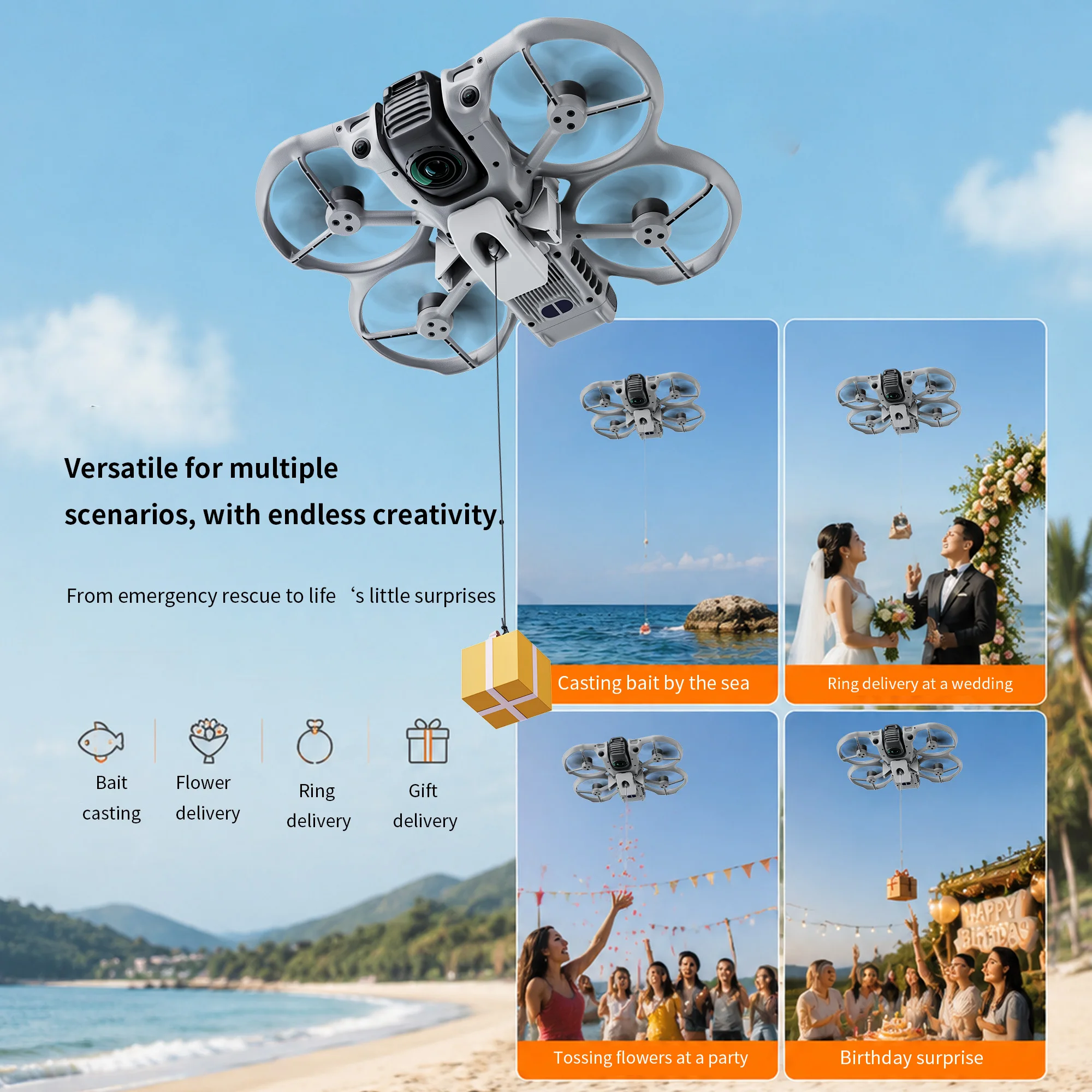 Vue rapprochée du support de largage pour drone Avata 360 avec batterie intégrée de 100mAh.