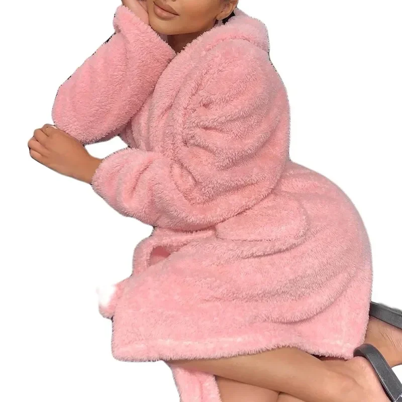 Women Long Sleeve Kawaii Sweet Hooded Pink Khaki Casual Fashion Overcoat Y2k Autumn Winter Cute Ear Furry Coat Lazy Loose Jacket