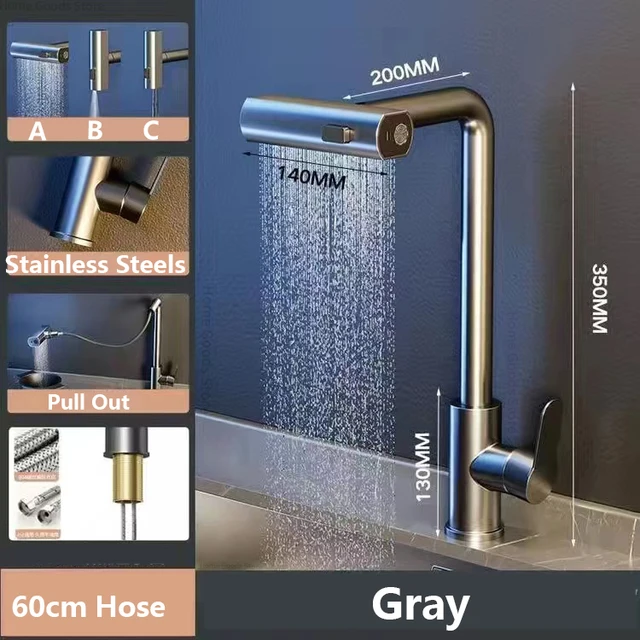 3 Mode Kitchen Faucets Pull Out Rotation Waterfall Stream Sprayer Head Sink Mixer Hot Cold Single Hole Sink Wash Tap 9
