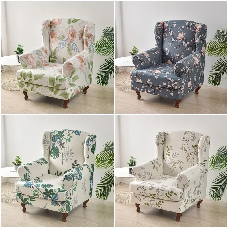 

Elastic Wing Chair Covers Floral Print Stretch Wing Back Slipcovers Spandex Relax Removable Sofa Cover with Seat Cushion Cover