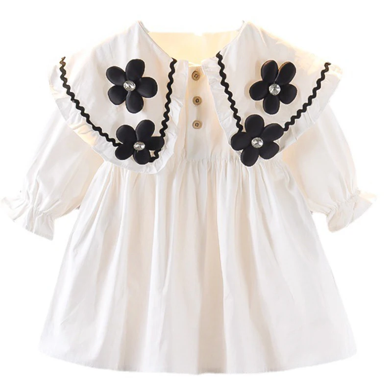 Spring Fall Baby Girls Dresses Korean Cute Doll Collar Flower Cotton Long Sleeve Princess Toddler Dress Newborn Clothes BC2419