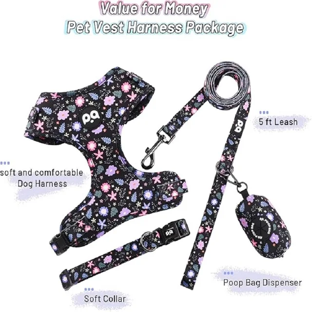 Dog harness collar leash, bracket with poo bag 4 sets, adjustable non-pull soft net cushion back heart, combination 6