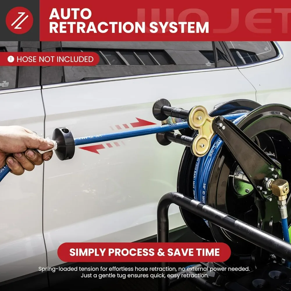 50-Foot Retractable Hose Reel for Pressure Washers, 3/8-Inch Diameter, Suitable for Water, Air, and Oil, Heavy-Duty Steel Constr