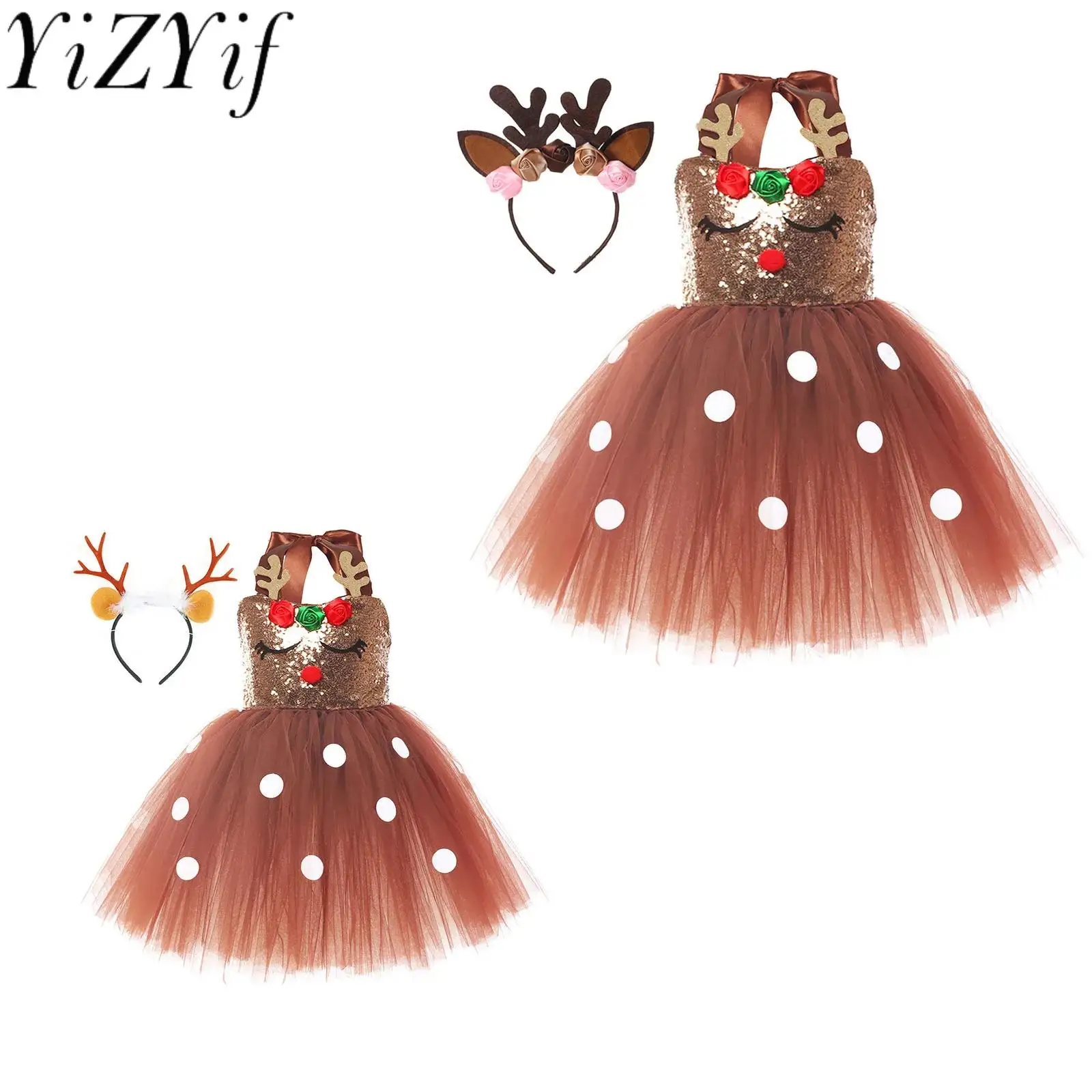 

Kids Girls Christmas Santa Reindeer Costume Shiny Sequins Elk Deer Tutu Dress with Headband set Princess Mesh Tulle Dress