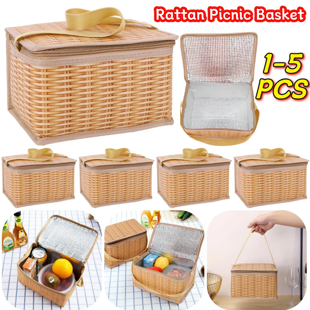 Lunch Cooler Bags Thermal Cooler Wicker Rattan Picnic Bags with Strap Zipper 22x14x12cm