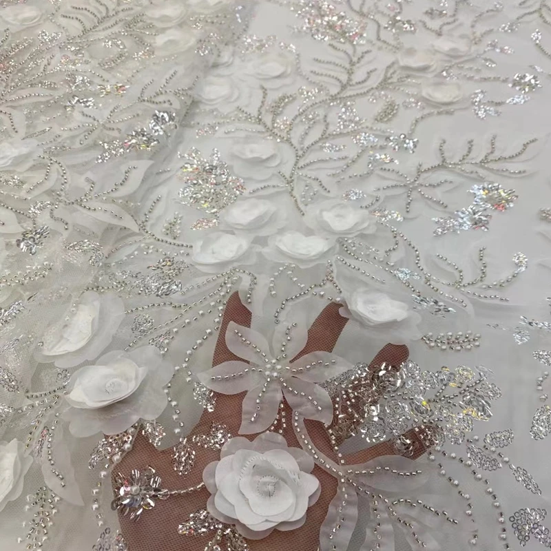 

Highest Quality 3D Lurex Embroidery French Lace With Appliques Beads African Tulle mesh inspired Fabric for Occasions Celebrants