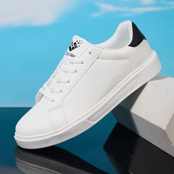 ZERJER Men's White/Black Casual Leather Sneakers, Low Top Lace-Up Skate Shoes, Comfortable Walking Footwear 1