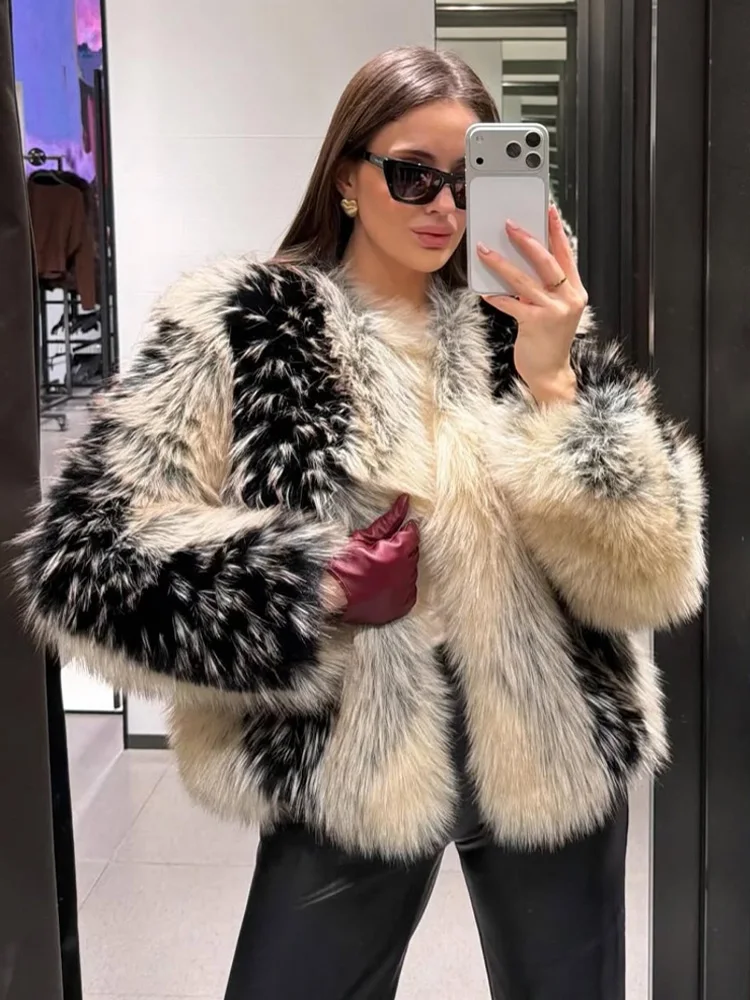 HH Women Faux Fur Effect Short Coat Winter O-Neck Long Sleeve Warm Outwear Female Hidden Buckle Multicolor Casual Fashion Jacket - 6