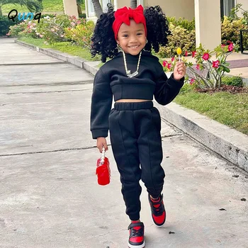 Qunq Children Clothing Autumn Winter Girls New Casual Sports Hoodie Solid Color Hooded Two-piece Set kids clothes 5