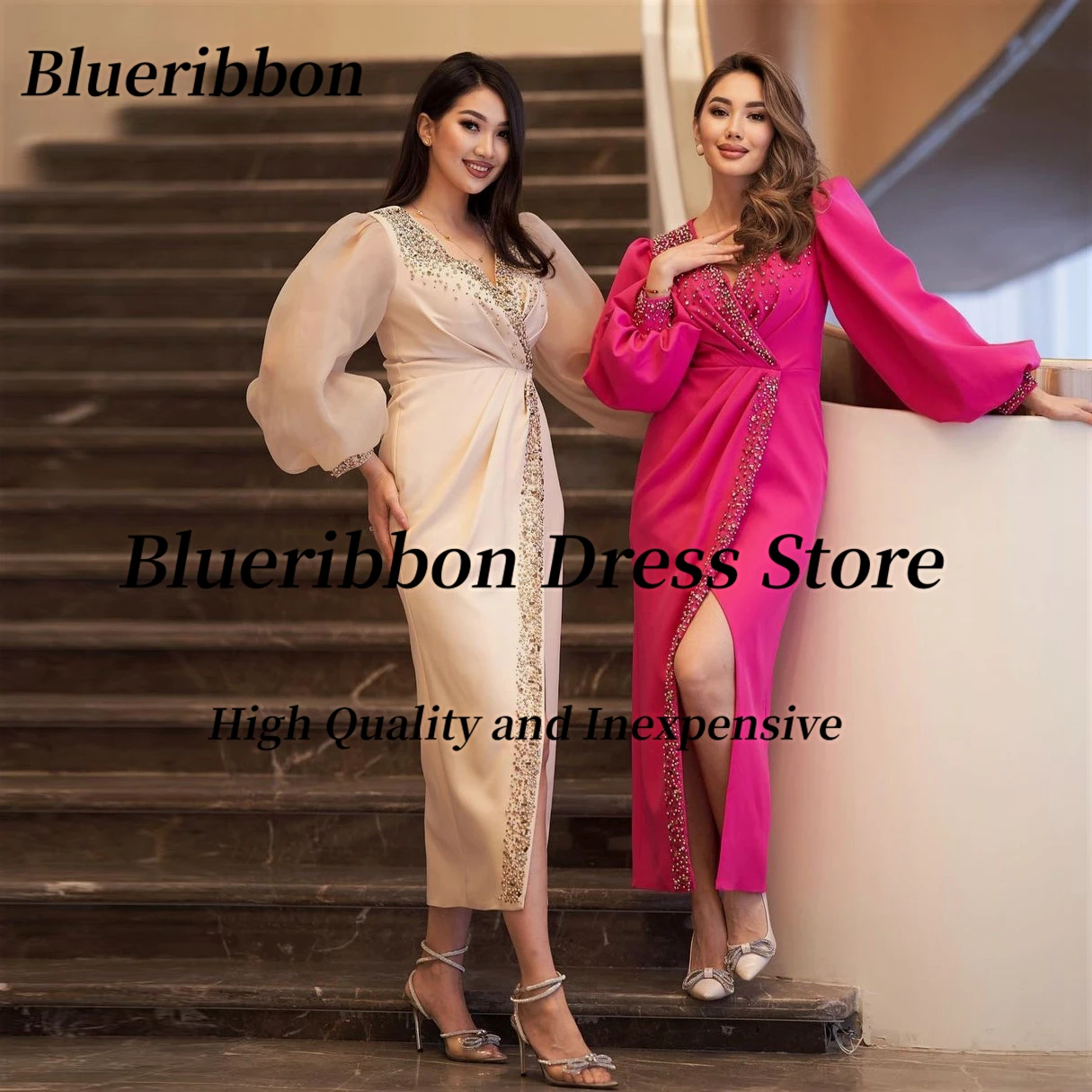 

Blueribbon فستان حفلات الزفاف V Neck Prom Dresses Beaded Side Slit Evening Party Bride Wear Long Sleeves Wedding Guests Wear