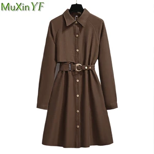 2023 Women's Spring Autumn Corduroy Dress Office Lady Graceful Waist Belt Brown Dresses Korean New Fashion Joker Clothing Female