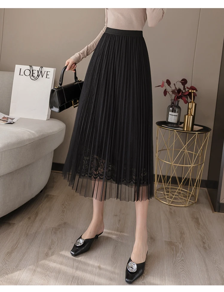 a line skirt Women Midi Lace Skirts Spring Summer Elastic High Waist Mesh Tulle Skirt Casual Pleated Skirts Apricot Black Office Lady N136 a line skirt