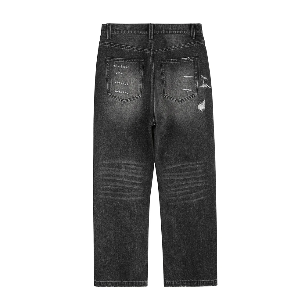 Y2K Frayed Hole Damaged Washed Black Baggy Jeans for Men  