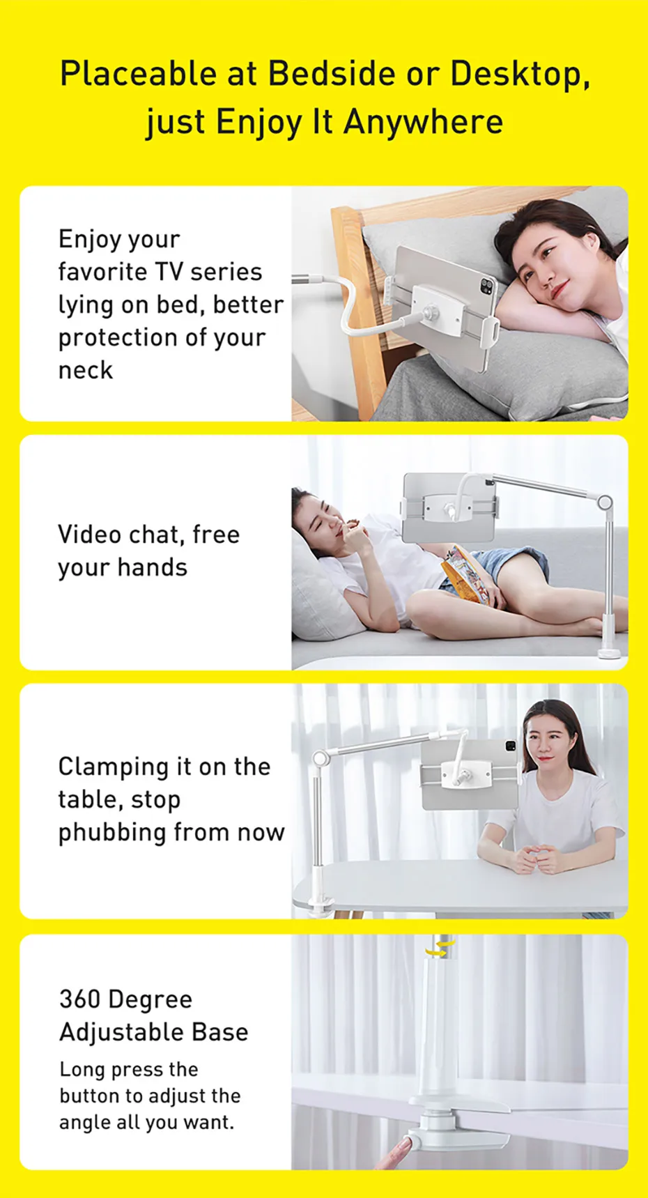Baseus Clip Phone Holder 360° Rotatable Lazy Tablet Stand Long Arm Base for iPho