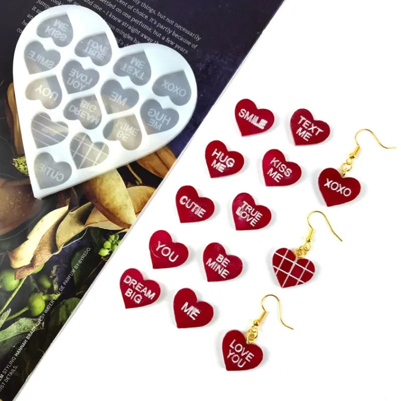 14 Grid/Heart-shaped Ear Studs Epoxy Resin Molds Earrings and Necklace Pendant Molds Jewelry Molds for Resin Casting 2021 new valentine s day series crystal epoxy triple geometric heart shaped earrings pendant diy keychain bag pendant material