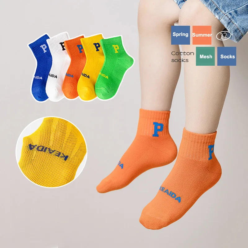

5Pairs/Lot Kids Socks For Girls Boys Cute Cartoon Fashion Letters Print Sport Cotton Children Socks Thin Mesh Summer Baby Socks