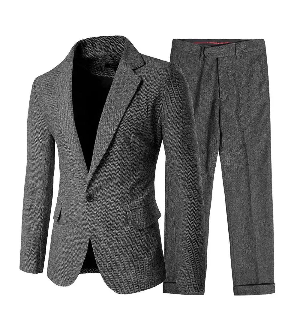 Men’s 2 pieces Silm Fit Bussines Men Suit Herringbone Woolen Cloth For Wedding Groomsmen Notch Lapel One Button Blazer Pants