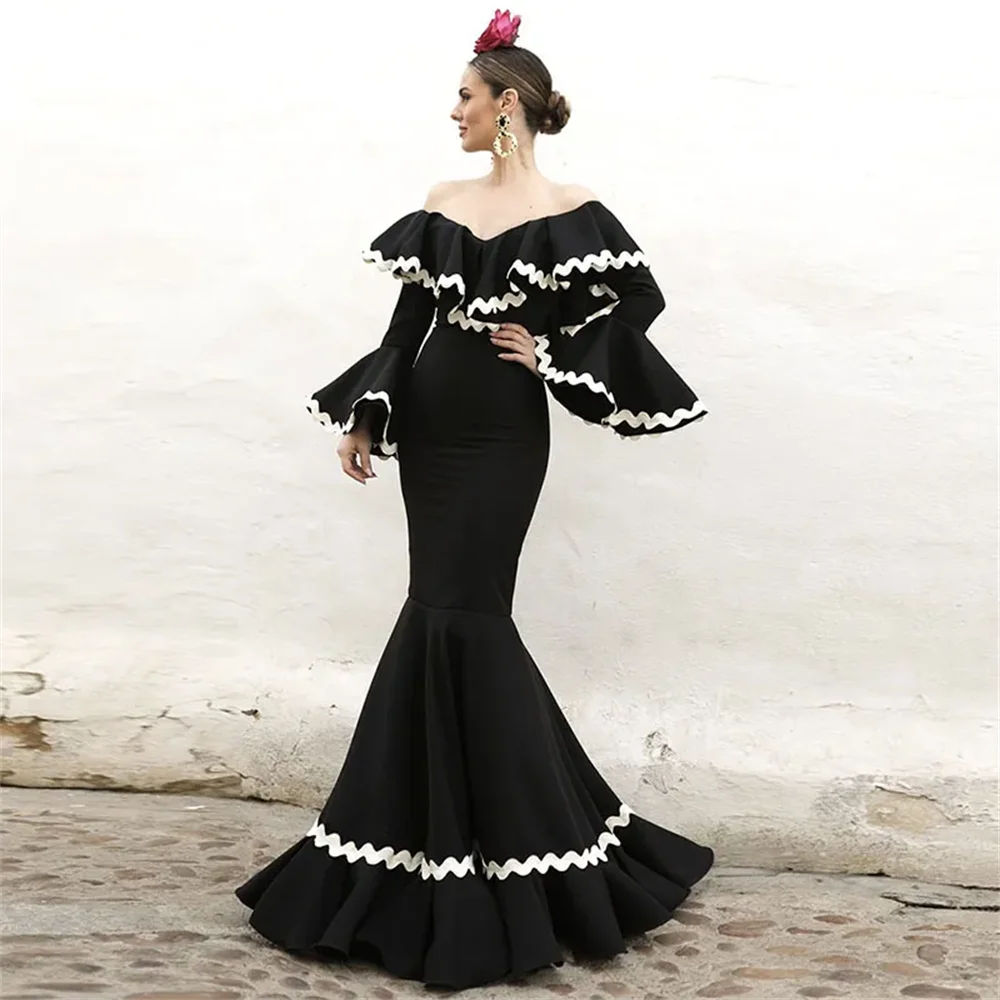 

2024 Ruffles Sleeves Long Spanish Style Prom Dance Dresses Ceremony Party Gowns for Women