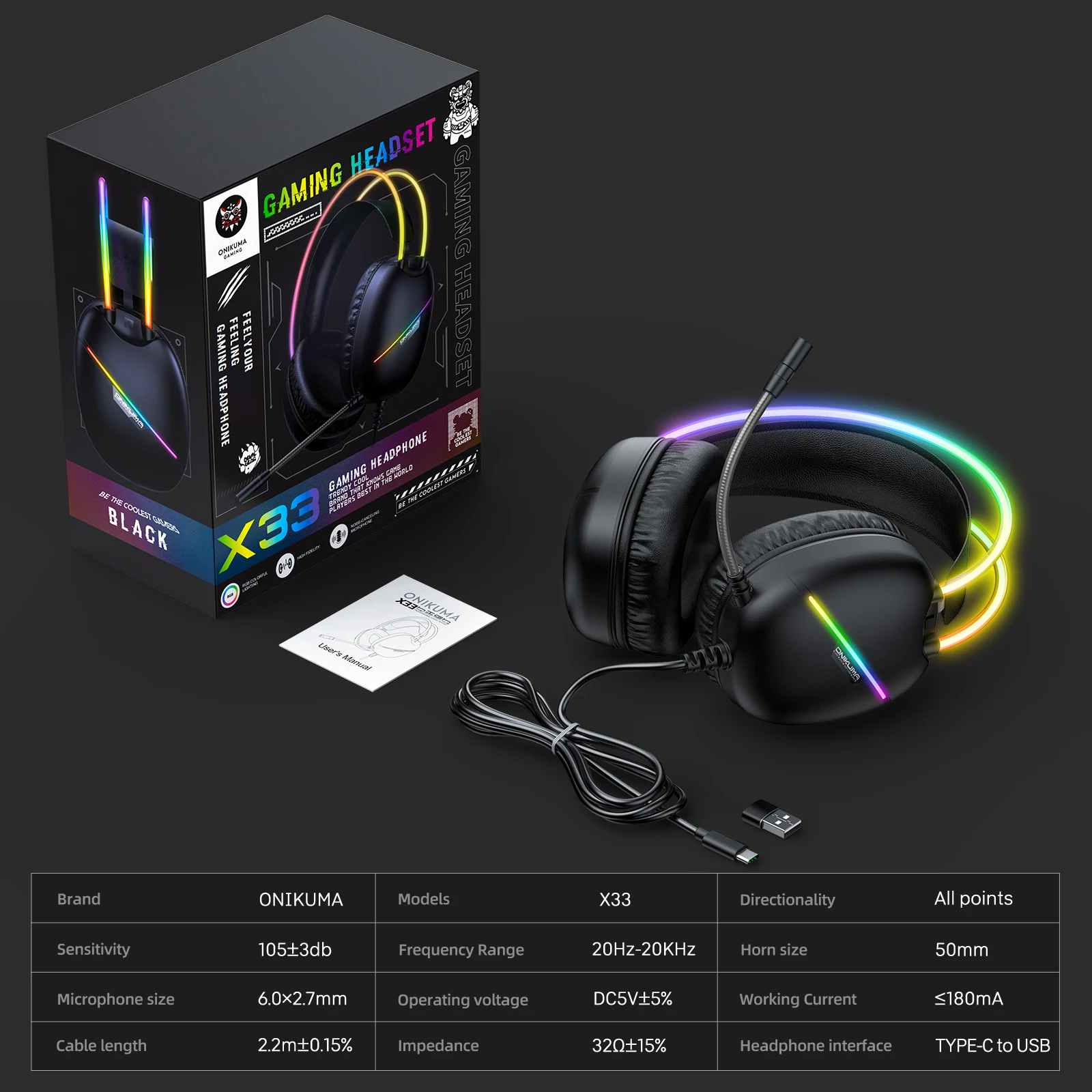 ONIKUMA X33 Gaming-Headset, kabelgebunden, kompatibel mit PC und PS4, mit RGB-Beleuchtung, HD-Mikrofon und flexiblem Ohrhörer für Computer_voghion.com