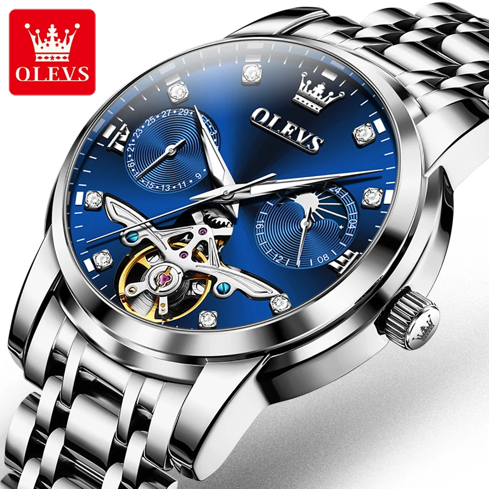 

OLEVS 6703 New Mechanical Watch For Men Moon Phase Hollow Flywheel Big 42mm Dial Luxury Automatic Watches Waterproof Hand Clock