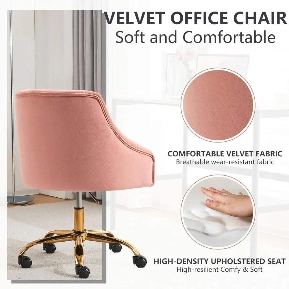 Velvet Fabric Pink Desk Chair for Home Office, Modern Adjustable Swivel Task Chair, Bedroom Vanity Chair for Girls Women 3