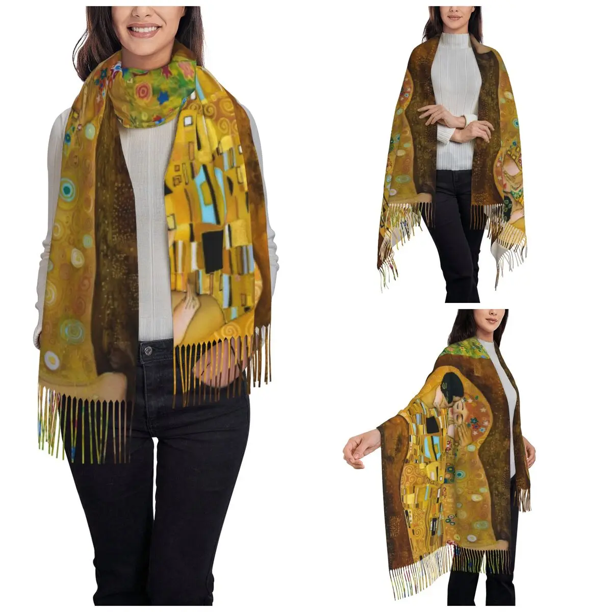 Womens Scarf with Tassel Gustav Klimt The Kiss Large Soft Warm Shawl and Wrap Abstract Freyas Art Daily Wear Pashmina Scarves 2