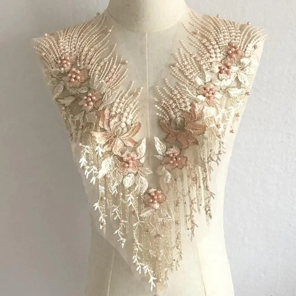 Beads Flower Embroidery Lace Collar Wedding Dress V Collar DIY Lace Flower Trim Patch Elegant Wedding Dress Patch Fabric