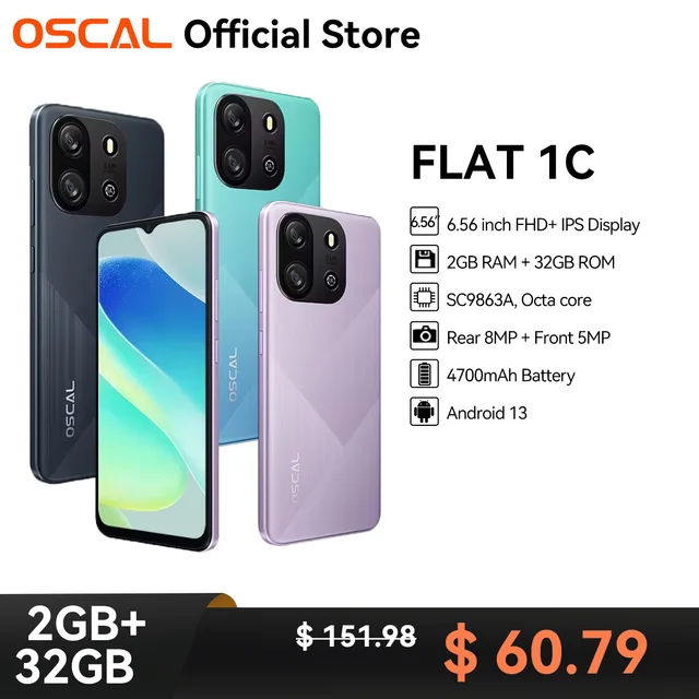 هاتف OSCAL FLAT 1C الذكي Android13، شاشة عالية الدقة 6.56 بوصة، هاتف محمول ببطارية 4700 مللي أمبير في الساعة، كاميرا 2 جيجابايت 32 جيجابايت ثماني النواة 8 ميجابكسل هاتف محمول 4G 1