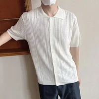 American Retro Lace Trim Short Sleeve Knit Shirt Loose Casual Style for Men Summer Fashionable Lazy Style Open Cardigan Top