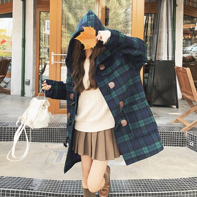 

Vintage Plaid Horn Button Hooded Jacket Long Coat 2022 Winter Clothes Women Elegant Loose Korean Style Sweet Thick Overcoat 2819
