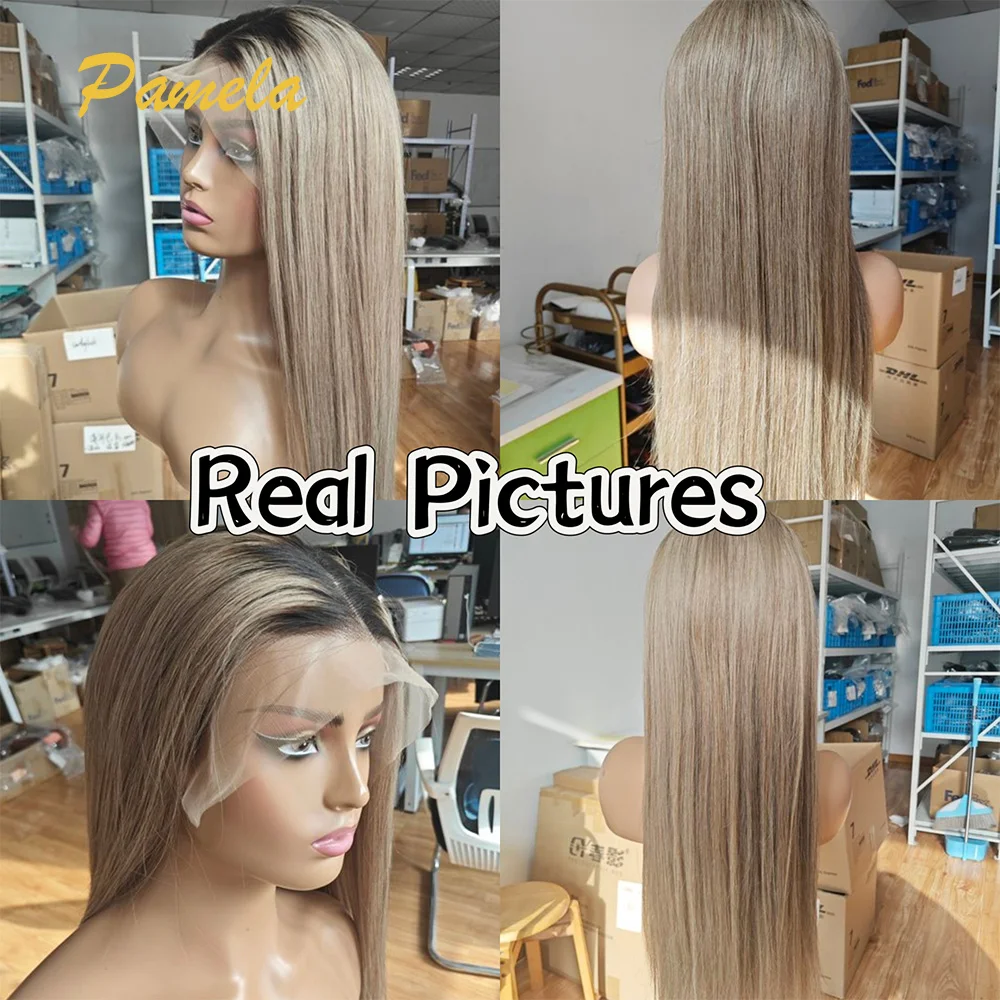 Grey Blonde 13x4 Full Lace Front Wig 4x4 Ash Blonde Bone Straight HD Transparent Lace Closure Frontal Human Hair Wig For Women