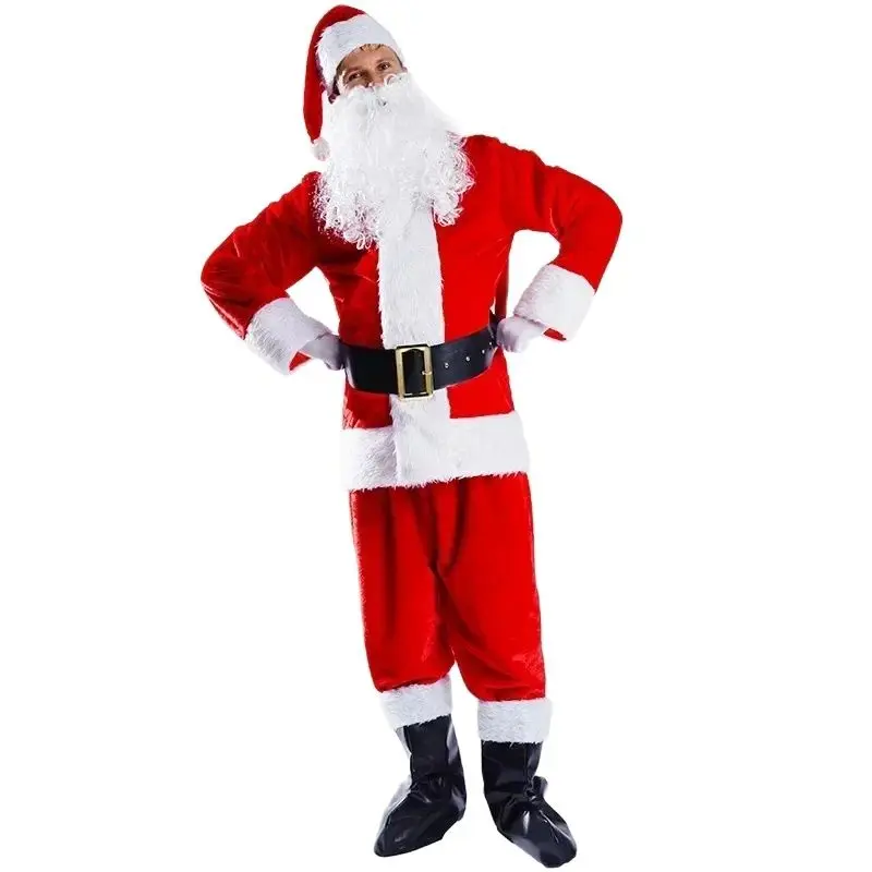 

2023 Red Santa Claus Costume Christmas Party Fancy Dress Men Carnival Festival Outfits Adults Red Warm Jacket Pants Hat Beard