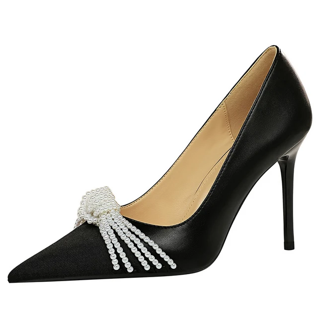 Zapatos de tacón alto con lazo para mujer, tacones de aguja con perlas, lujosos, a la moda, para fiesta, talla grande 43 - Image 4